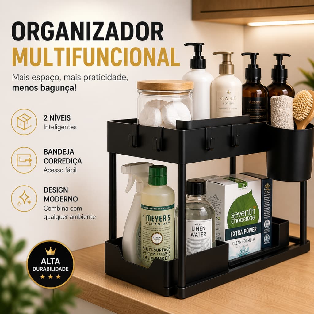 Organizador para Ármario Deslizante - Multiuso 2 Niveis Compartimentos Bandeja Corrediça Preto