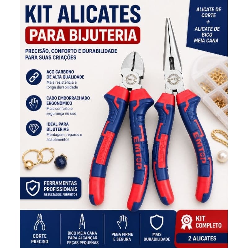 Kit Alicate Bijuteria Profissional Corte + Bico Meia Cana | Alicates para Fazer Pulseiras, Colares e Artesanato