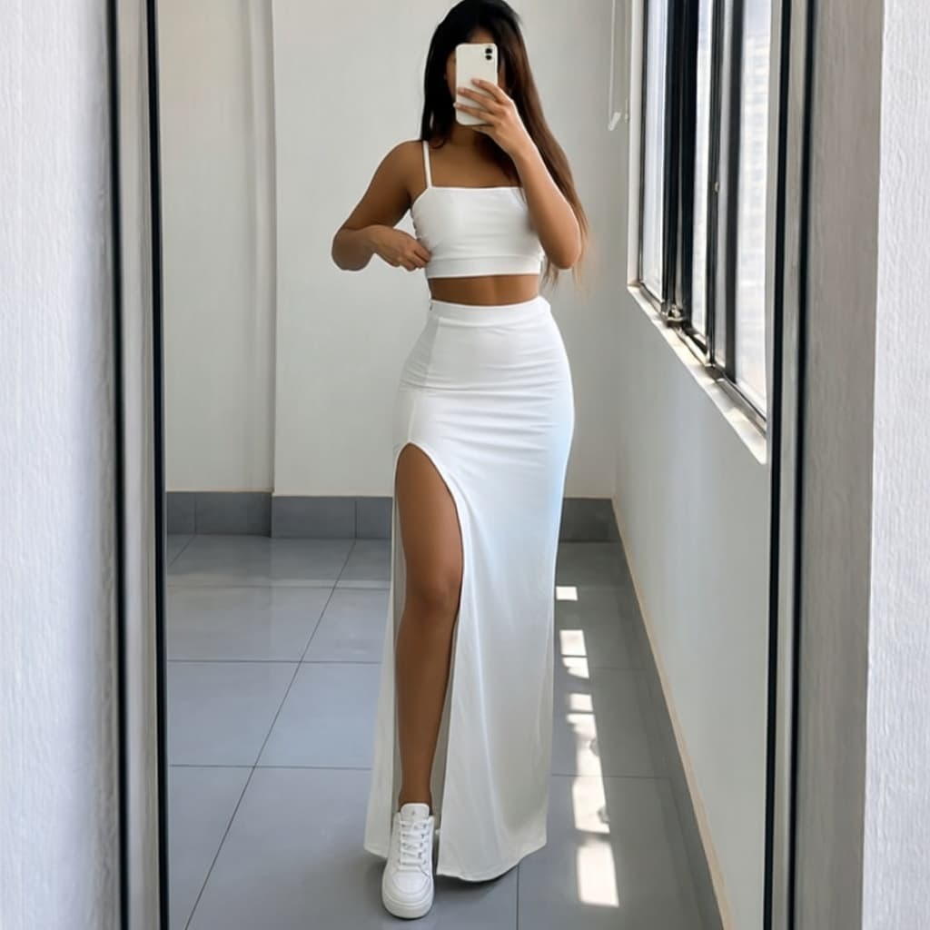 Conjunto Feminino Saia Longa e Cropped Alcinha Com Fenda Varias Cores Moda Blogueira