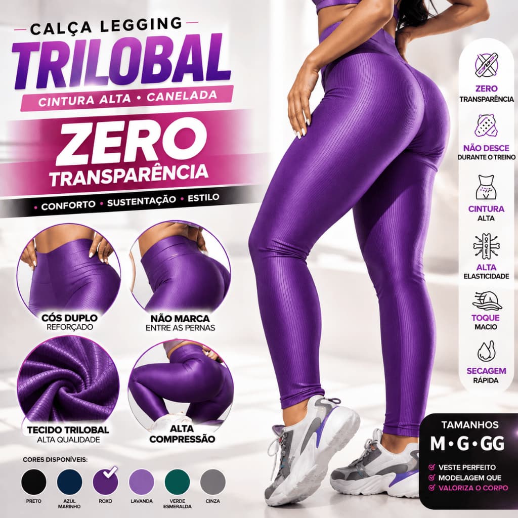 Calça Legging Fitness Canelada Trilobal Cintura Alta sem Transparência Academia Alta Compressão