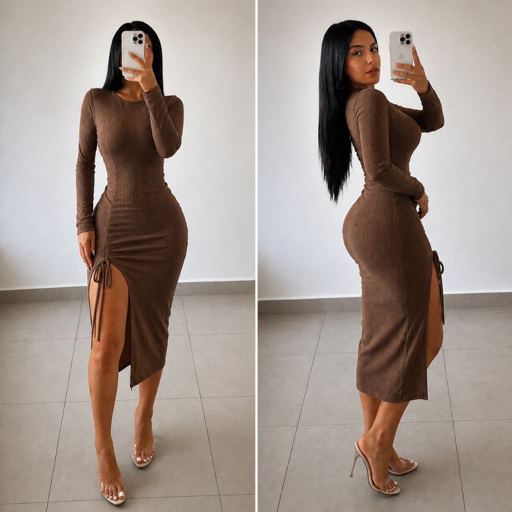 Vestido Mídi Manga Longa Com Puxador Lateral Malha Canelada (Rute)