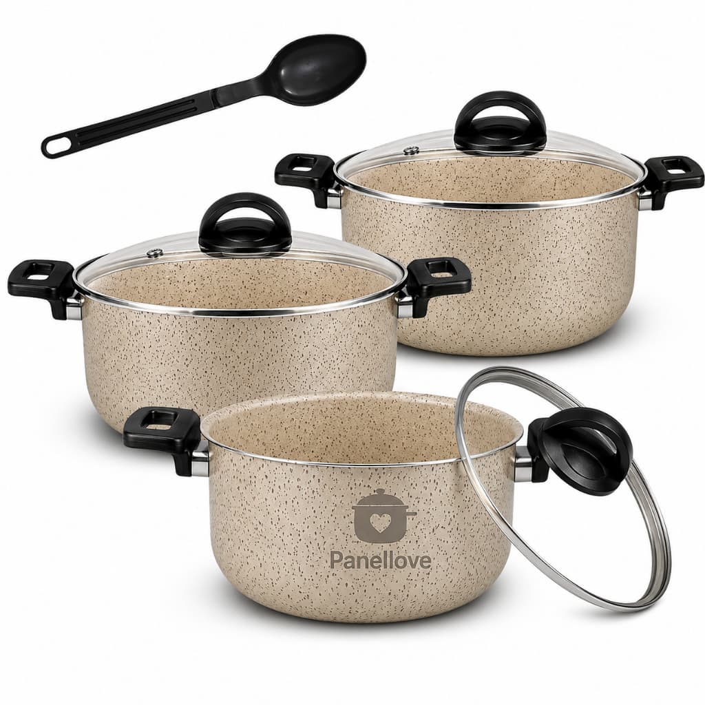 KIT 3 Peças de Panelas Caçarolas Antiaderente Teflon Cor Vanilha Tamanhos 16,18 e 20 com Colher