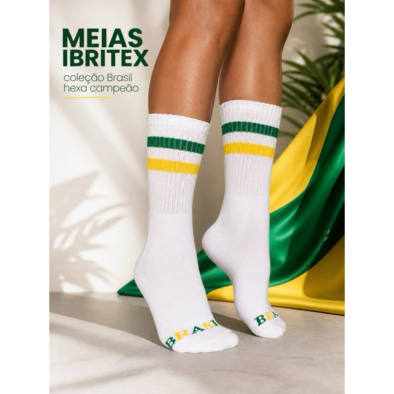 Meia Esportiva Cano longo Algodão Unissex Fitness Academia Confortável Brasil IBRITEX