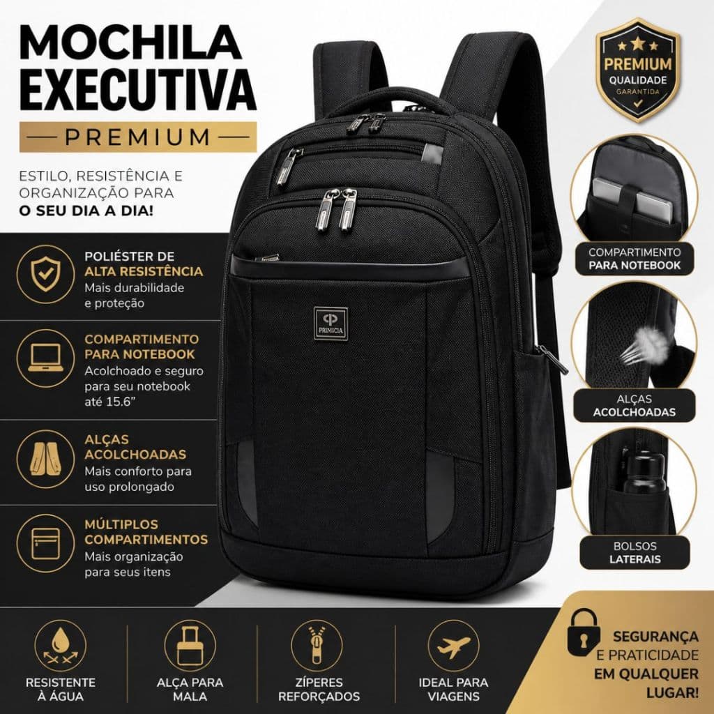Mochila Executiva Masculina Premium Notebook 15.6 Poliéster Resistente Alças Acolchoadas Trabalho