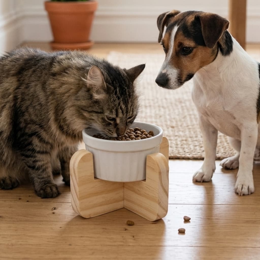 Comedouro Elevado Gato e Cachorro Pequeno Tigela Porcelana 250ml Suporte Madeira Anti Refluxo