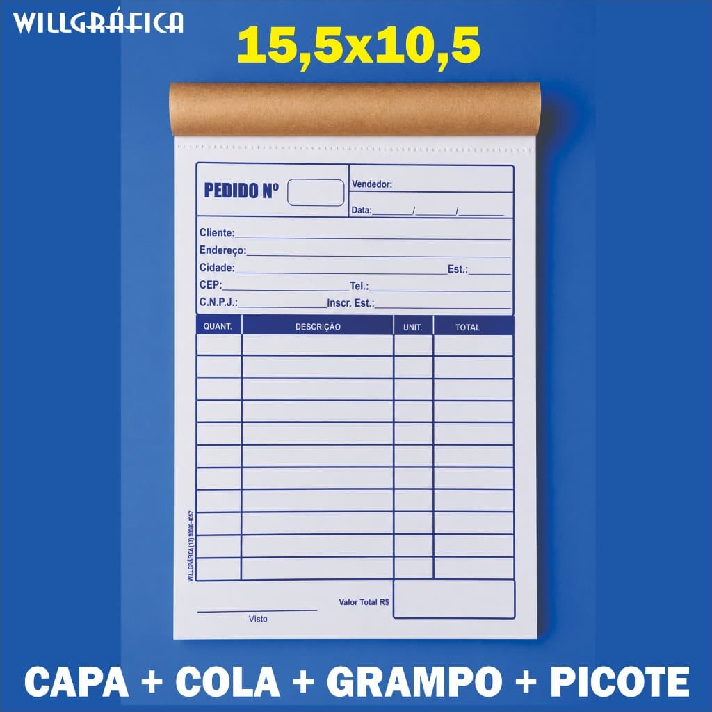 100 Blocos Talões de Pedido 10,5x15,5cm | 50 Folhas | Para Comércio e Vendas | Picote, Grampo, Cola