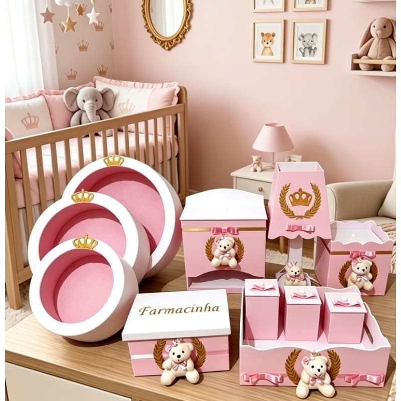 kit higiene bebê ursinha princesa em MDF com 11 peças