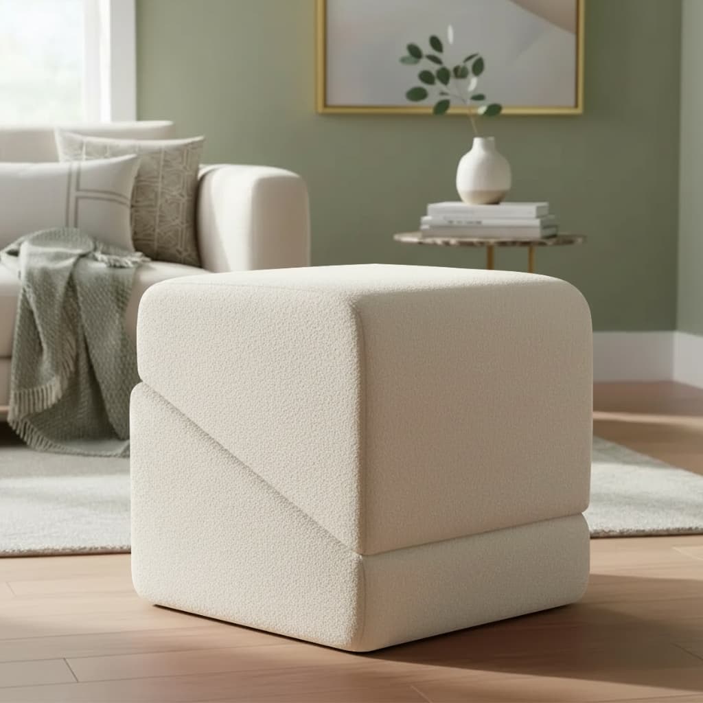 Puff Sense Bouclé Premium Assento Extra Decorativo Para Sala Quarto Design Moderno Linhas Orgânicas