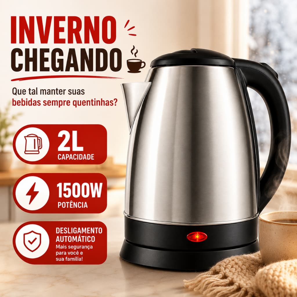 Chaleira Elétrica Inox 2L 1500W Desligamento Automático Ferve Rápido 127 e 220V