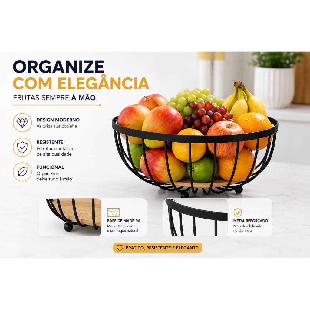 Fruteira Premium Metal Preta Funda com Base Madeira Organizador Elegante Cozinha Moderna Decorativa