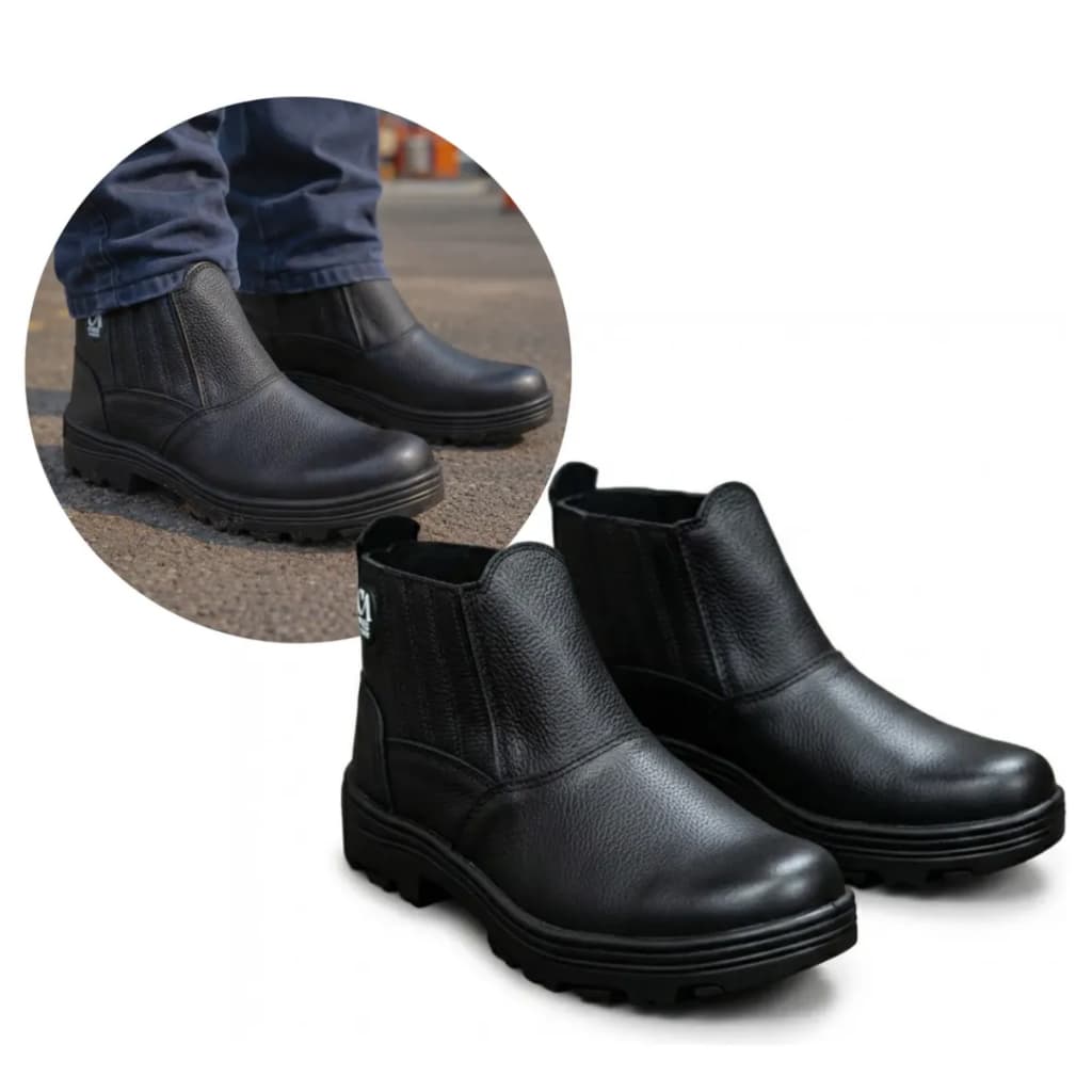 Bota Botina de Segurança Couro Legítimo com Bico PVC EPI Aprovado Para Trabalho Construção Masculina