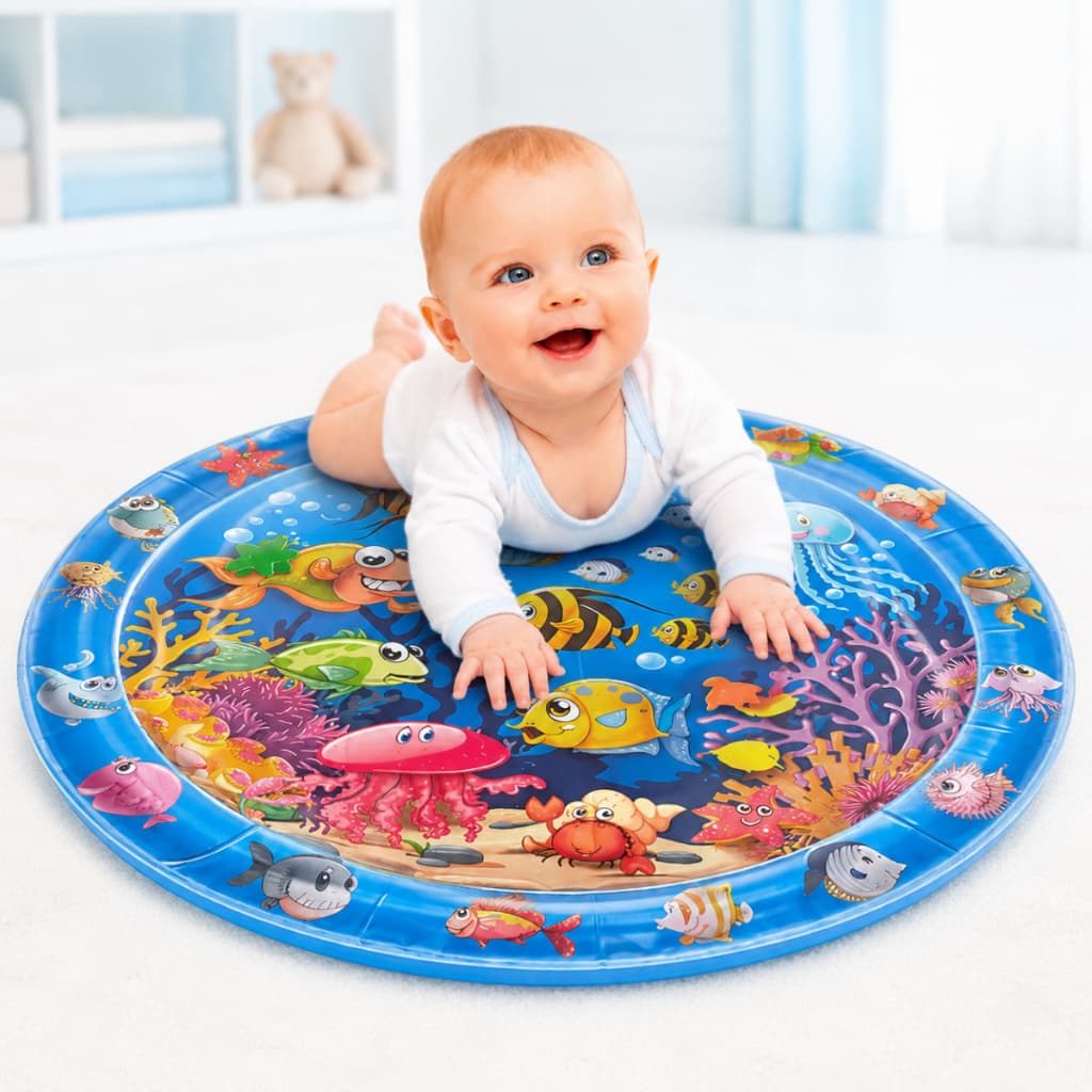 Tapete Sensorial Inflável e Água Bebê Tummy Time e Pet Azul Redondo Infantil