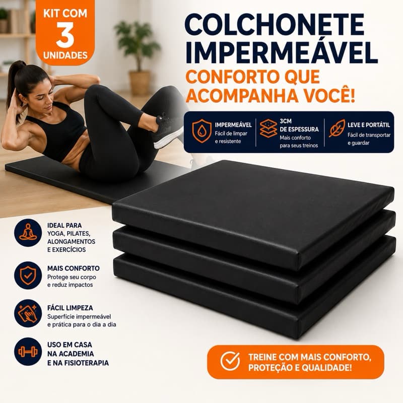 KIT 3 Colchonetes Academia Impermeável 3cm Fitness Yoga Pilates Exercícios