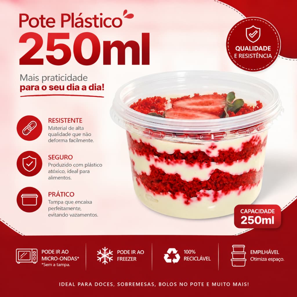 Kit 12 Potes Plástico transparente Redondo 250ml Pote Para Bolo Sorvete alimentos Multiuso