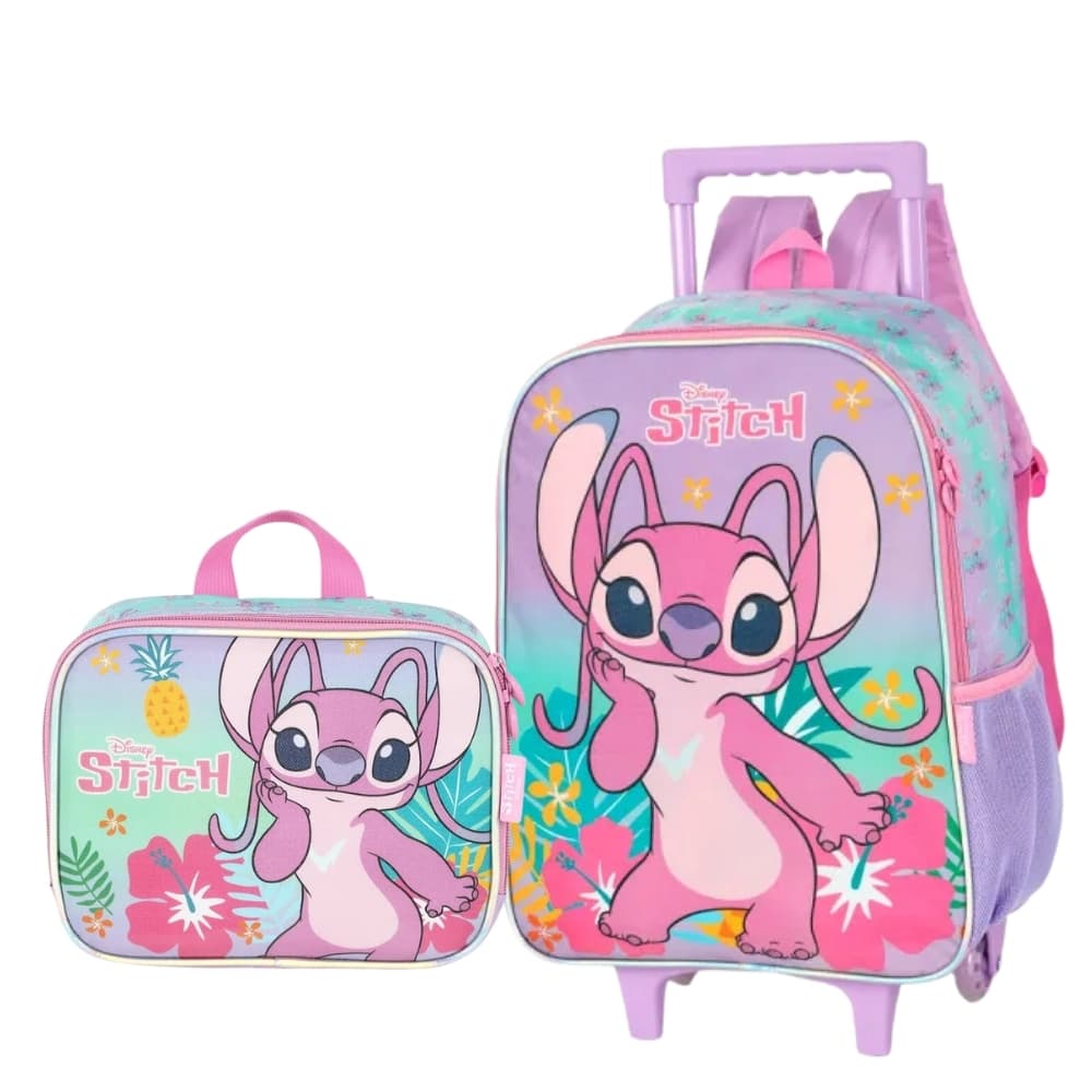 Kit Mochila alça nas costas infantil com Rodinha com Lancheira Térmica Lillo Stitch