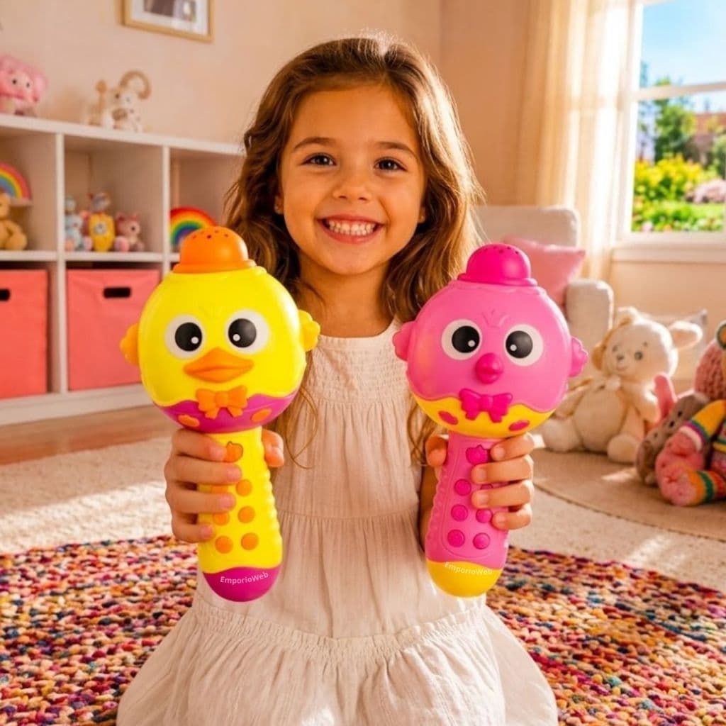Microfone Infantil Karaokê Bluetooth Conta Histórias com Luzes e Musica Pato Led Sem Fio