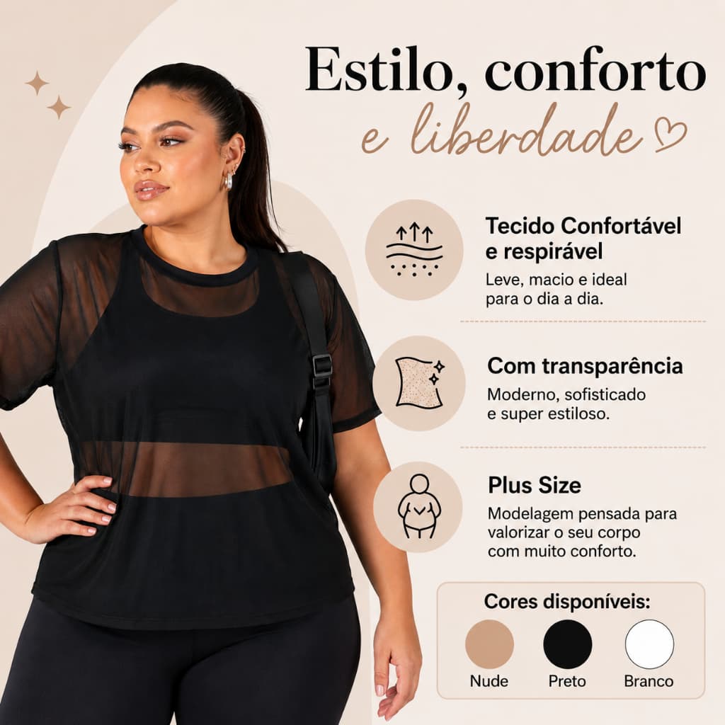 Blusa Mesh Feminina Plus Size Transparente Elegante Moda Fitness Casual