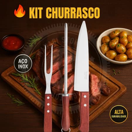 Kit 3 Pecas Churrasco Carne  Inox Cabo Madeira Resistente Grill Grelha Faca Garfo Chaira