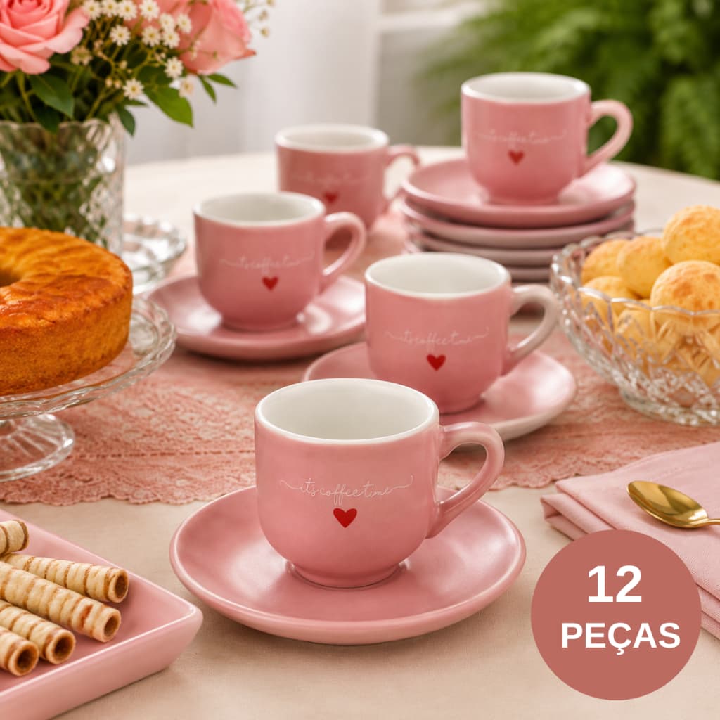 Jogo de Xícaras de Porcelana Rosa para Café com Pires 12 Peças 90ml Haüskraft