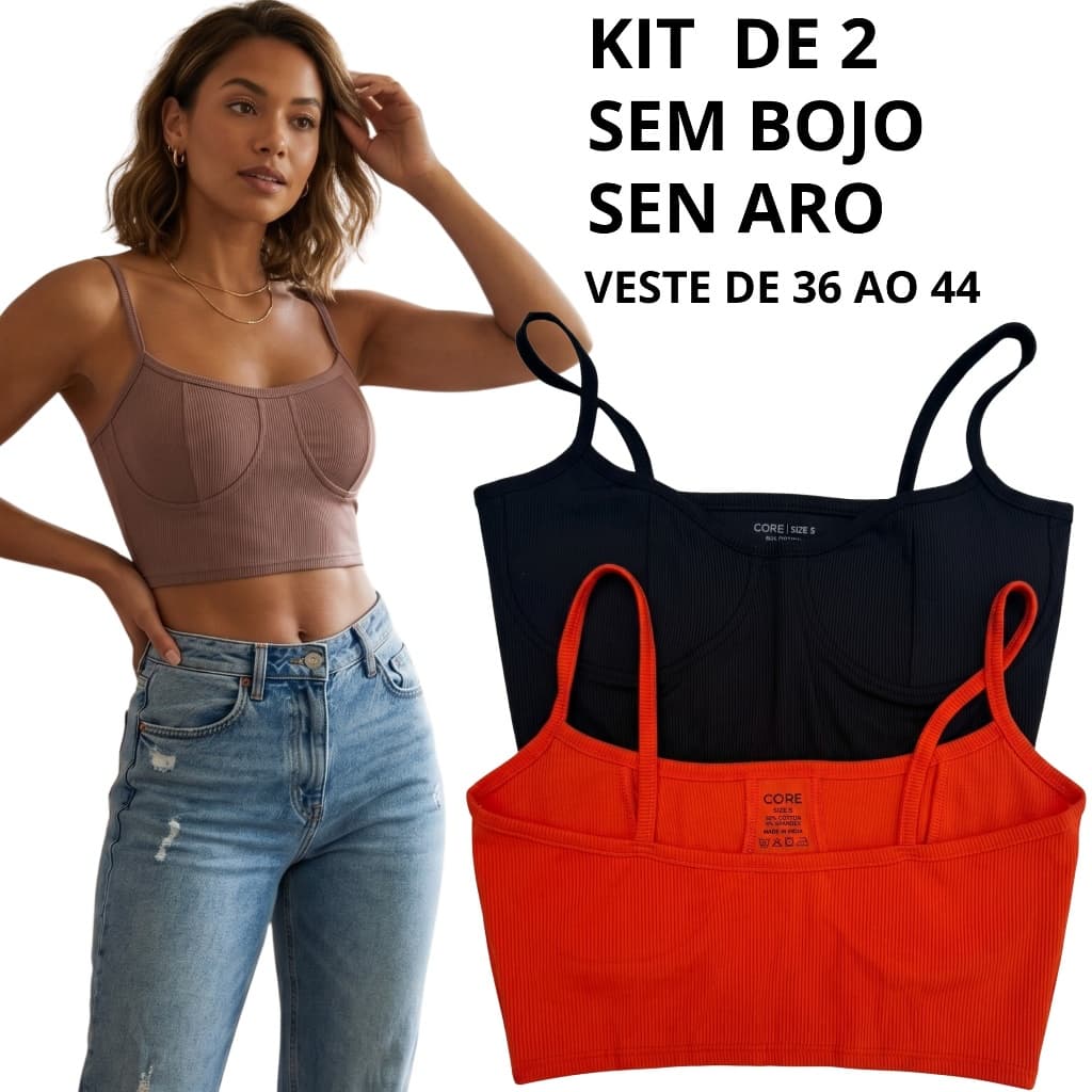 kit 2 Cropped top regata Meia Taça Ribana Poliéster Tamanho Único Sem Aro e Sem Bojo Feminino Básico