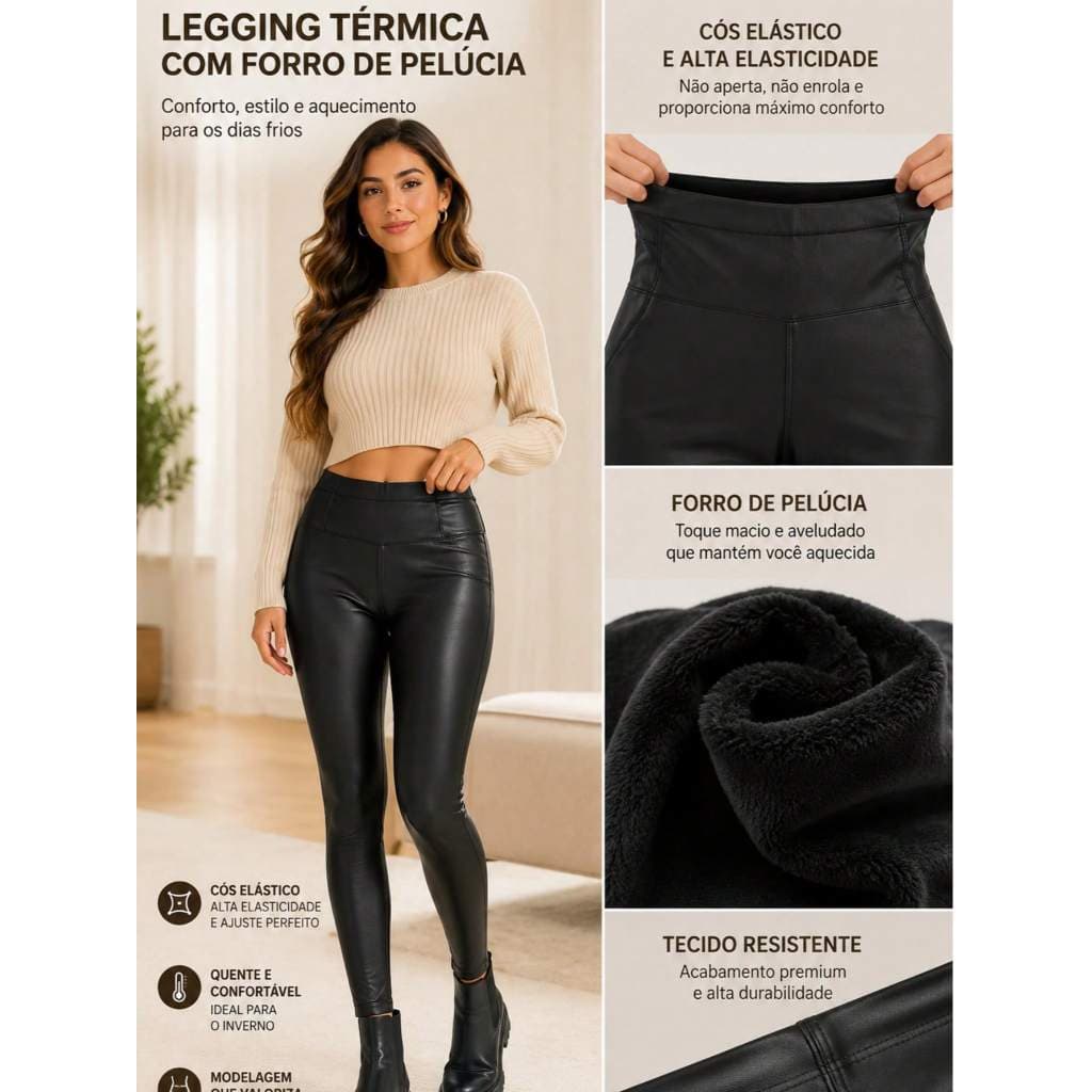 Calça Legging Térmica Feminina Peluciada Cintura Alta Skinny Couro Fake Quentinha Modeladora Inverno