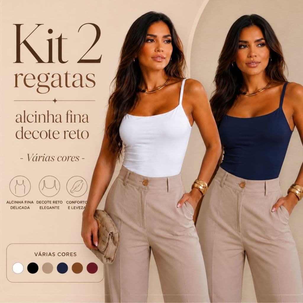 Kit 2 Regatas Básicas Alcinha Fina Delicada Decote reto Alta Elasticidade Premium