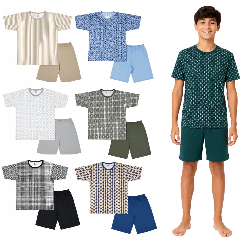 Kit 2 Pijama Verão Juvenil Masculino Manga Curta Estampa Sortida 10 ao 16