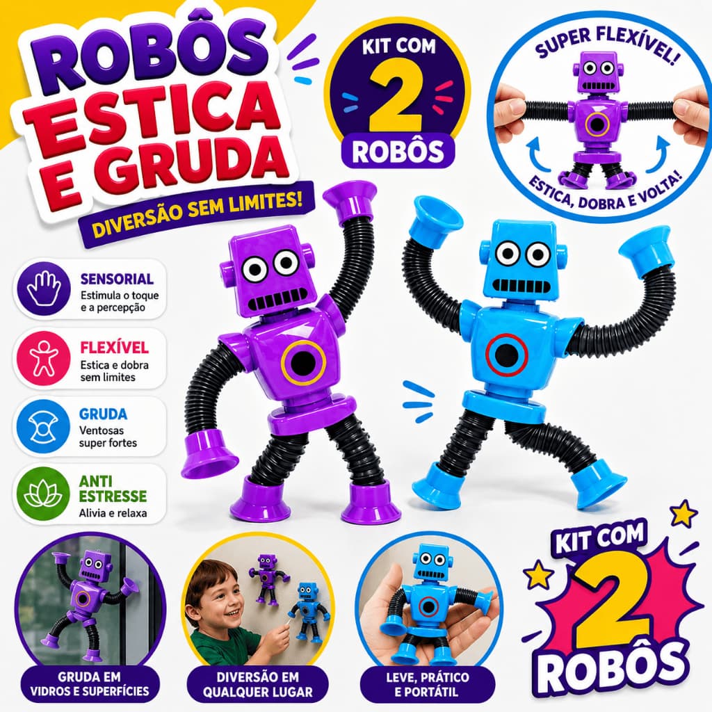 Kit 2 Robô Pop It Led Estica Puxa Gruda Ventosa Tubo