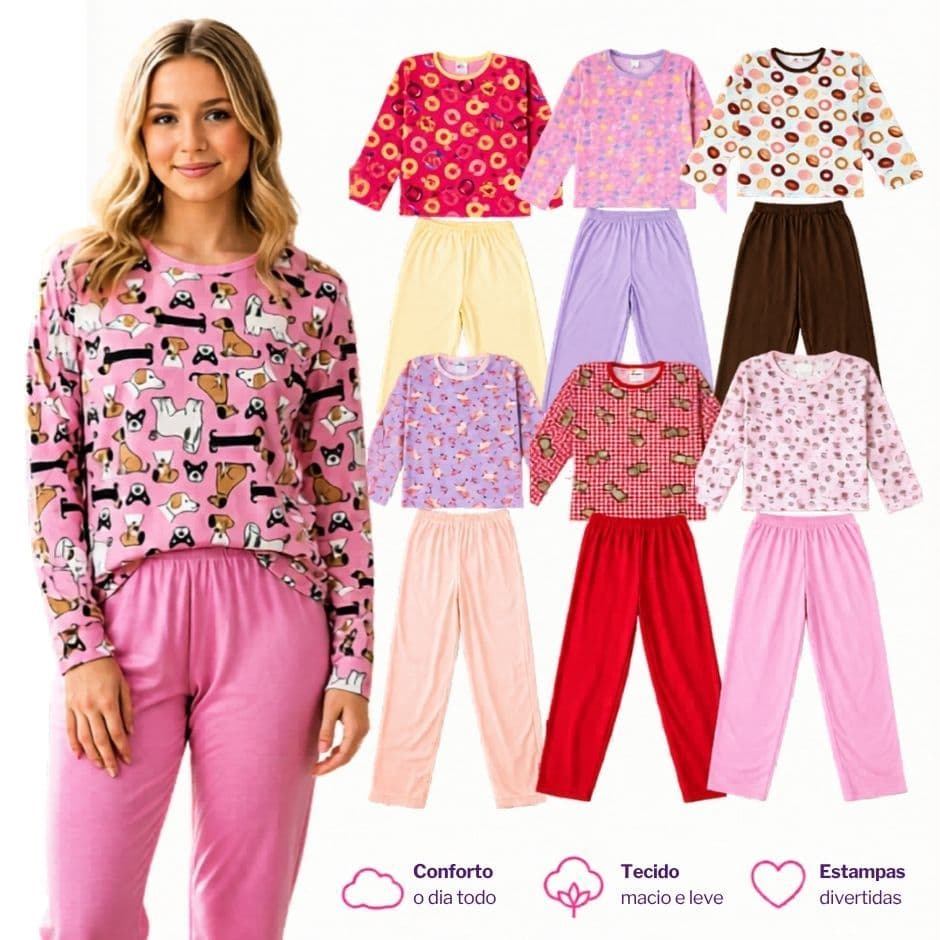 Kit Pijama Infantil Inverno Roupa Dormir Comprida Menina Pijama Juvenil Feminino Tamanho 2 ao 16 Anos