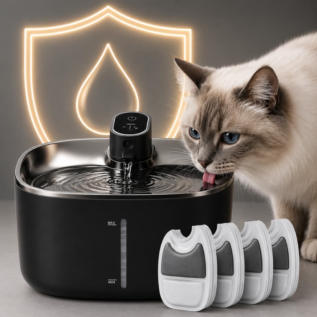 Bebedouro Pet sem fio + 4 Filtros Reposição Sensor de movimento Aciona automático Silencioso preto