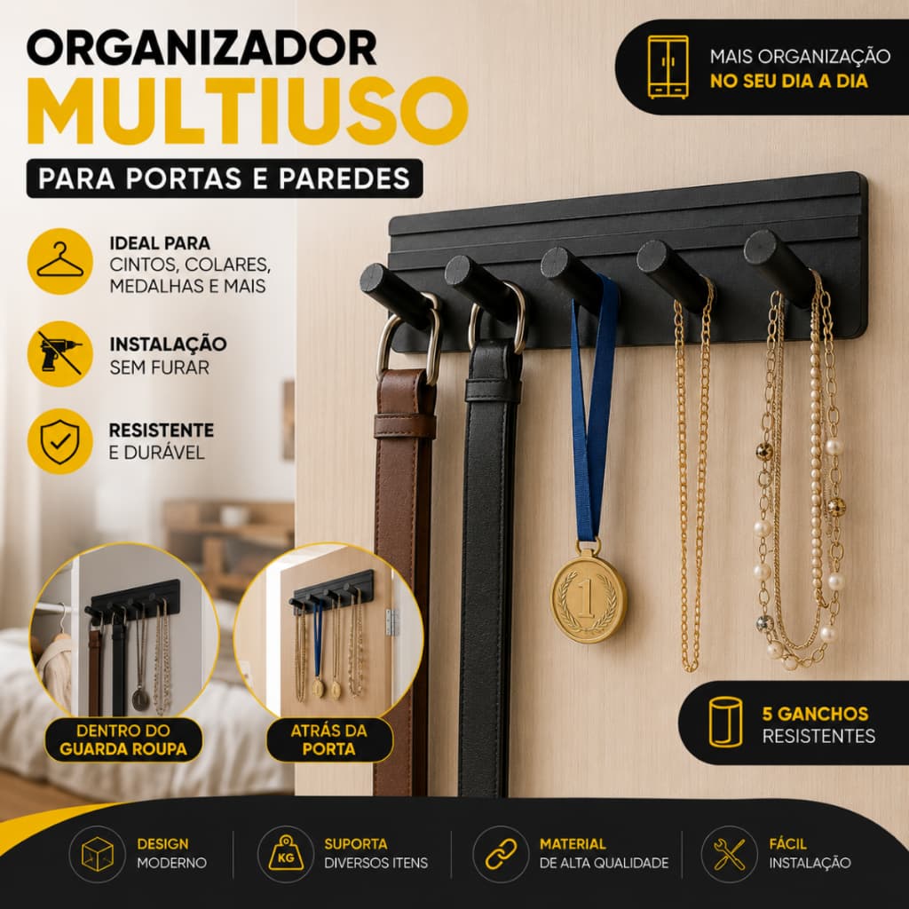 Suporte Organizador 5 Ganchos Adesivo 3M Porta Guarda Roupa Para Colares Cintos e Medalhas