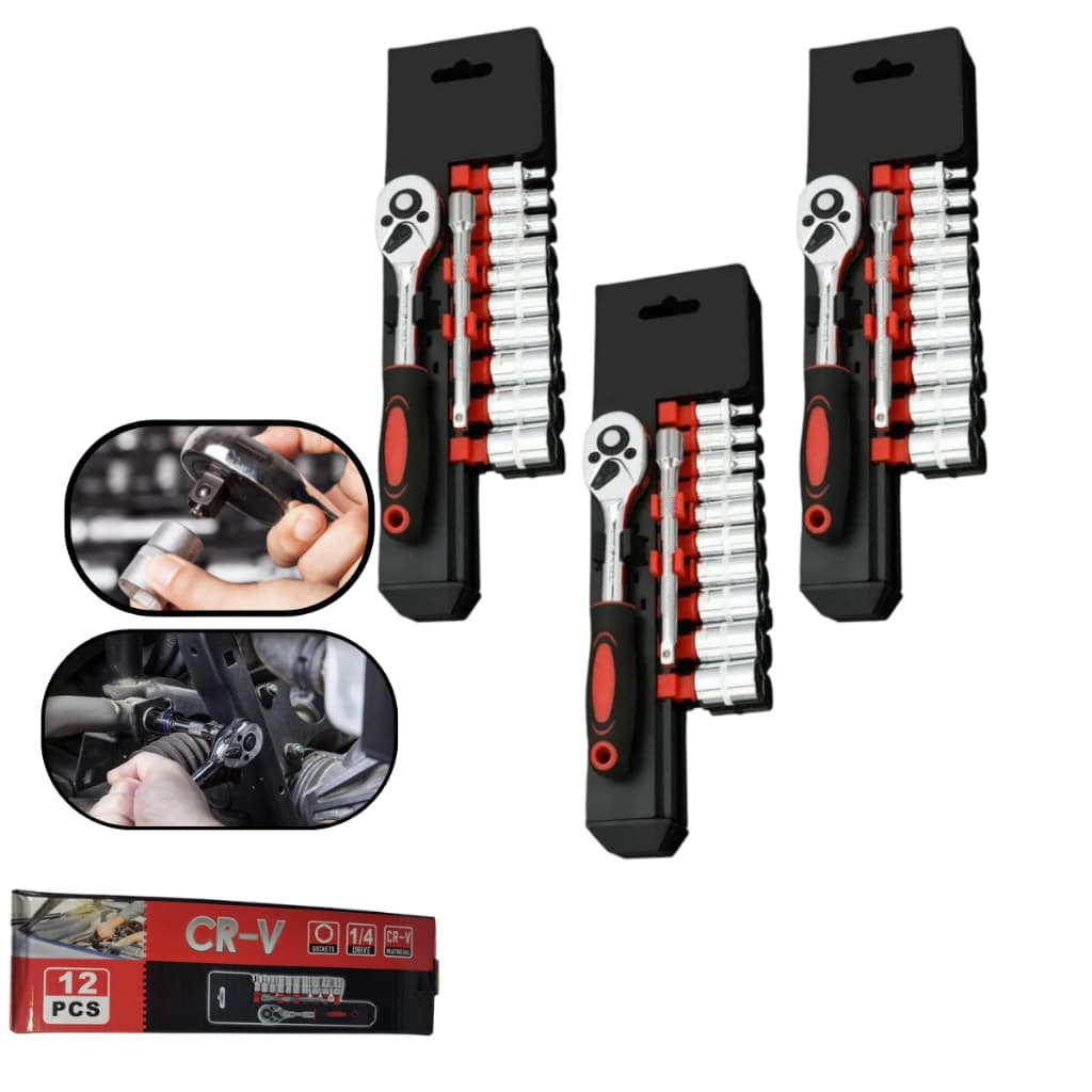 Kit 3 Jogo De Soquetes 1/4 Cr-V 12 Peças Chave Catraca Com Extensor Profissional  DESCRIÇÃO SHOPEE