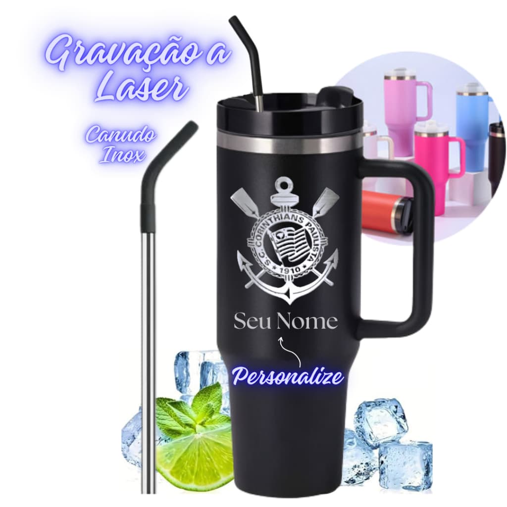 Copo térmico Inox do Corinthians Com Canudo 1200ml Personalizado com seu nome e time