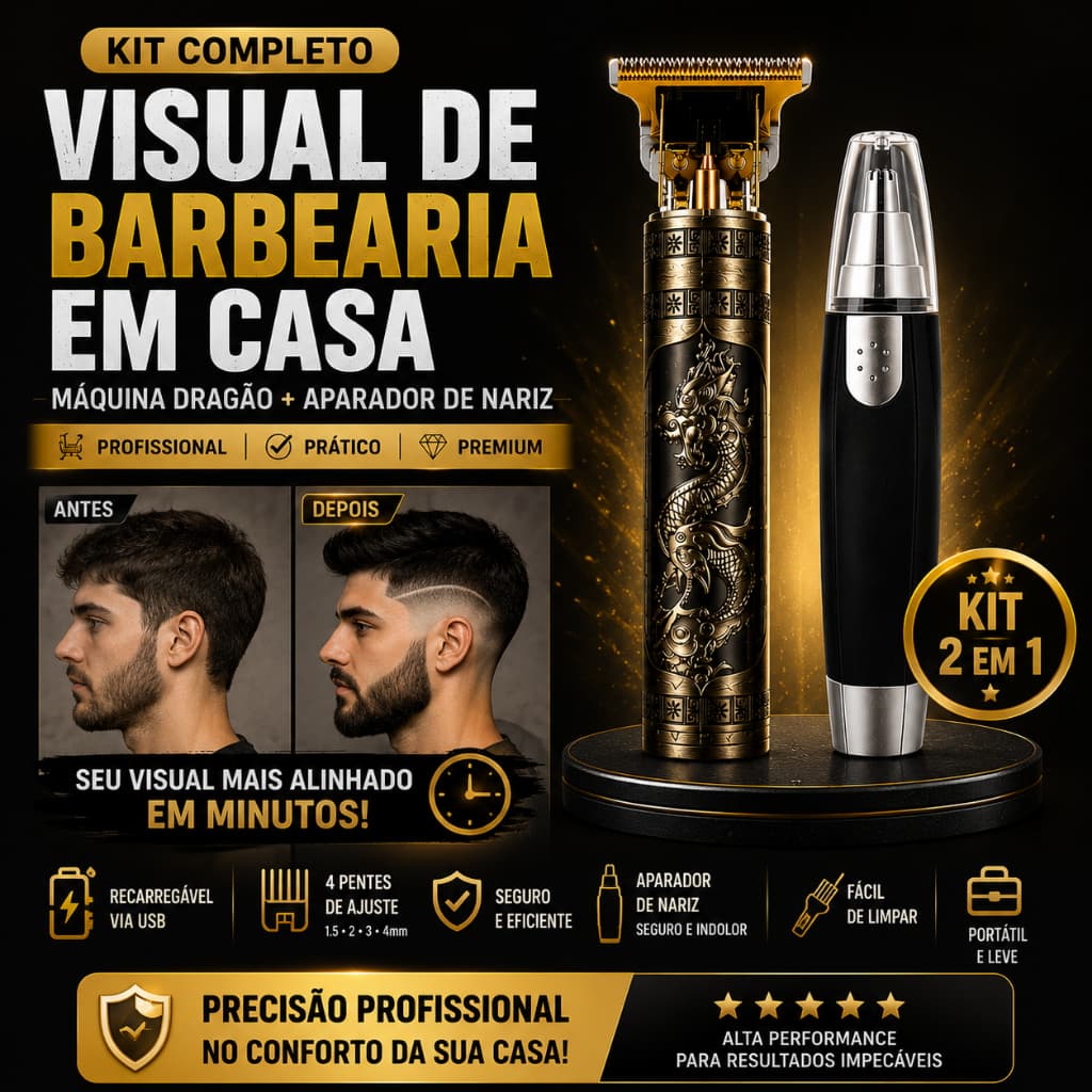 Kit Máquina de Cortar Cabelo (Dragão) Recarregável USB + Aparador de Pelos Nariz Portátil