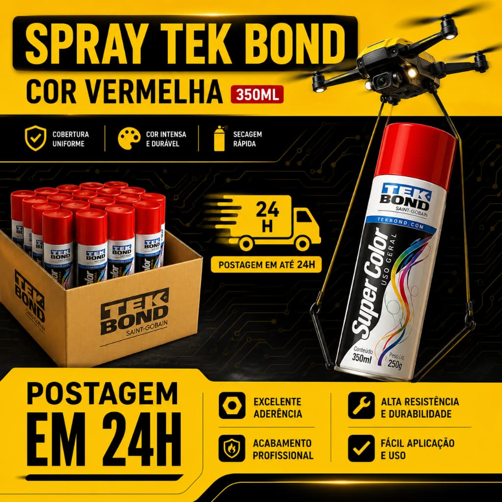 Tinta Spray Vermelha Tek Bond 350ml – Alta Cobertura, Secagem Rápida e Brilho Intenso