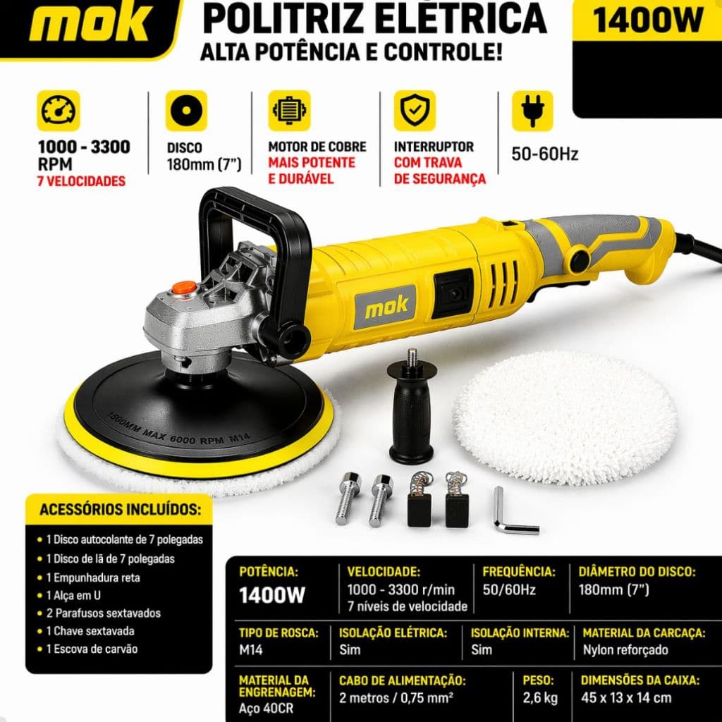 Politriz Elétrica Profissional 180MM Mok Ideal para Polimento de Carro, Mármore e Madeira