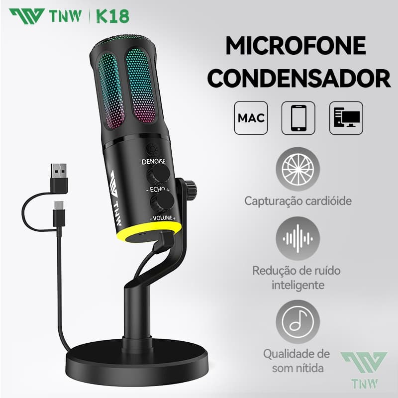 TNW K18 Microfone Gamer Condensador RGB USB-C Alta Sensibilidade Para Podcast Streaming Transmissão Ao Vivo