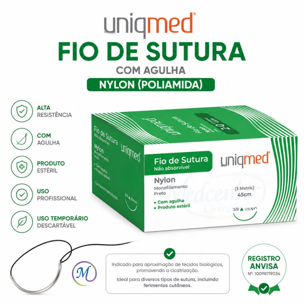 Fio Sutura Preto Agulhado Nylon 3/8 com Ag 20mm ou 30mm - Uniqmed