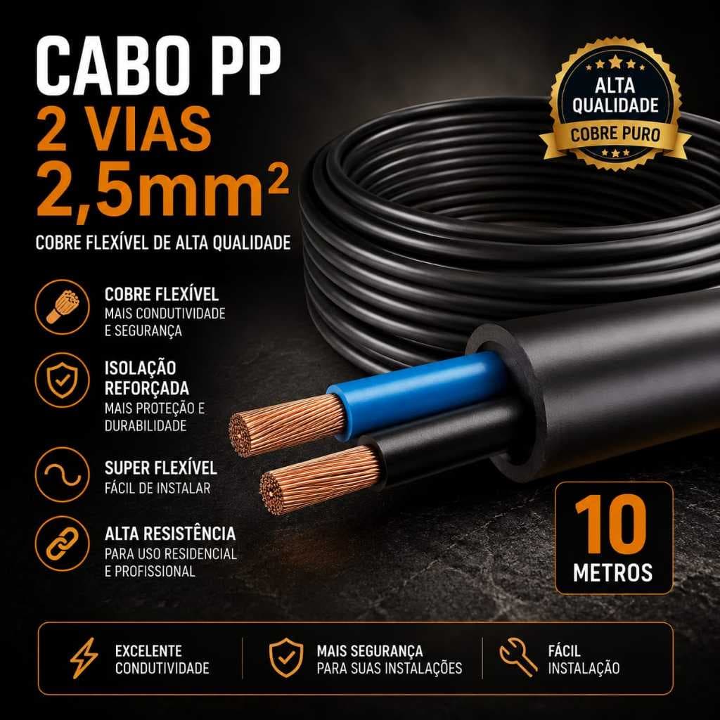 Cabo PP 2 Vias 2,5mm 10m Preto Flexível Alta Resistência Cobre 100%