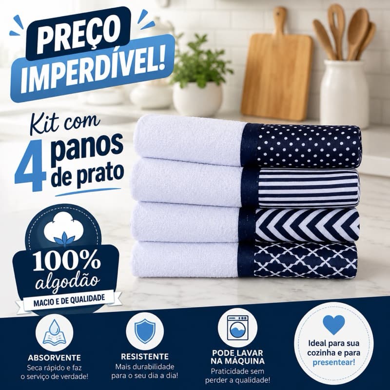 Kit 4 Panos de Prato na Sacaria Premium Pé de Galinha 100% Algodão Bordado Pano de Copa guardanapo