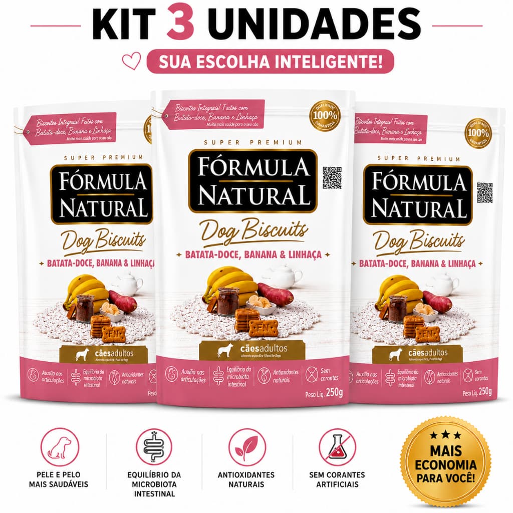 Kit 3 Fórmula Natural Dog Biscuits Batata Doce,Banana e Linhaça RG 250g