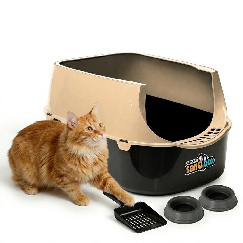 Caixa de Areia para Gatos Sandbox Furba Jelplast com Grelha Limpa-Patinha e 2 comedouros e Pazinha