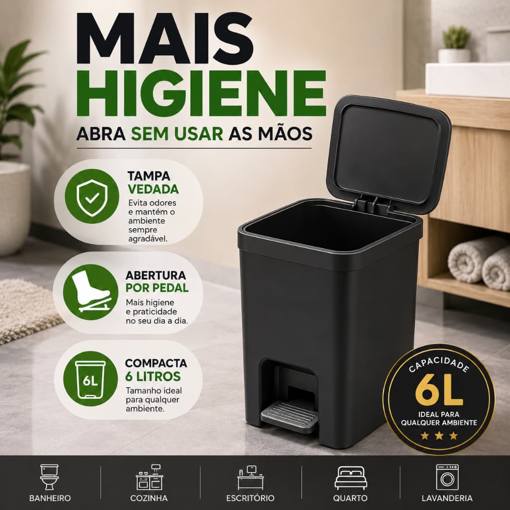 Lixeira Inteligente 6L com Pedal Tampa Vedada Compacta Moderna Banheiro Cozinha Escritório Sem Contato lixeiras modernas