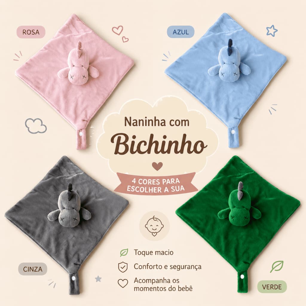 Naninha Bichinhos Bebe em Plush Prendedor Chupeta Dino Rosa Azul Cinza Verde