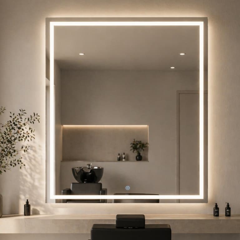 Espelho com Botão Touch e Led mais Forte de 3 Cores 40x60 Jateado Retangular Para Presente Premium