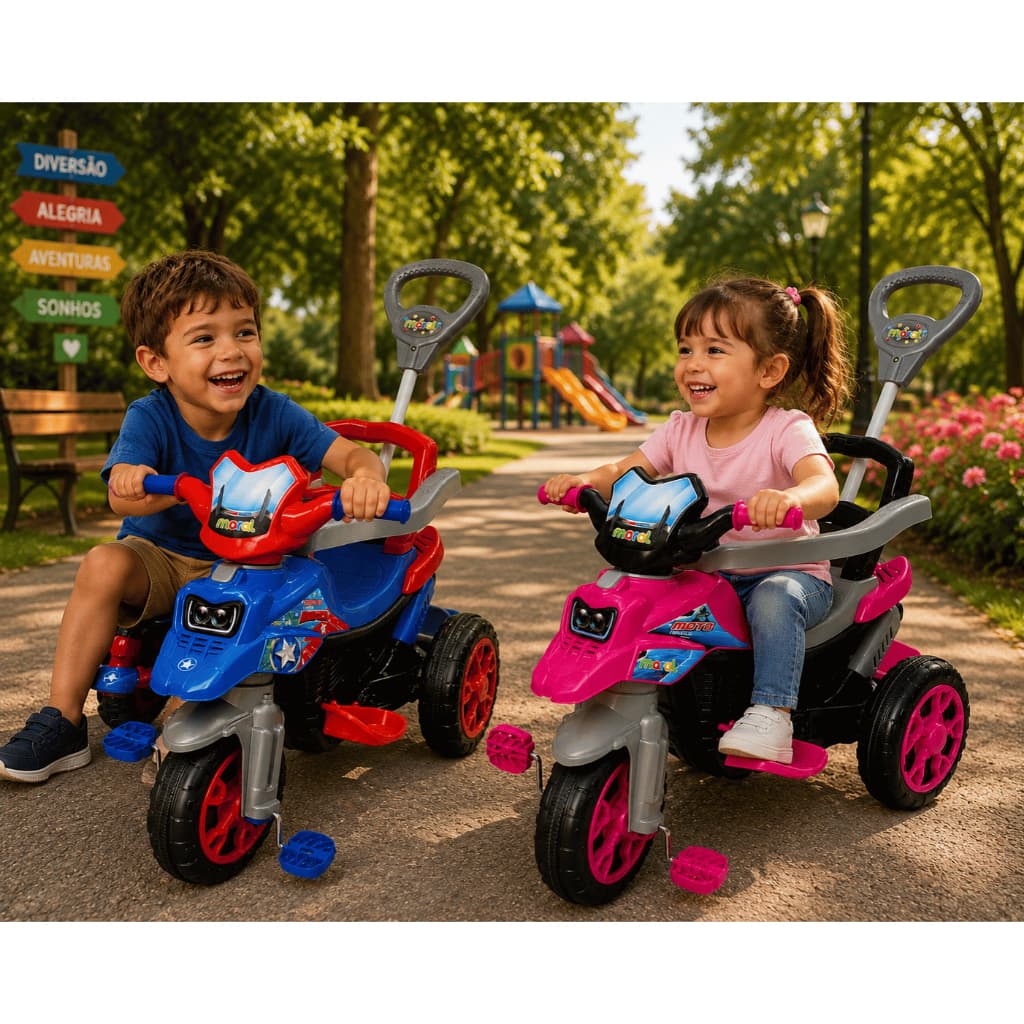 Triciclo Infantil Moto com Pedal Haste 2 em 1 Presente Menino Menina Brinquedo Criança Passeio