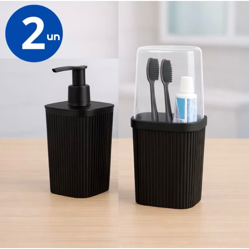Porta Escova e Porta Sabonete Kit Banheiro Preto PLASUTIL
