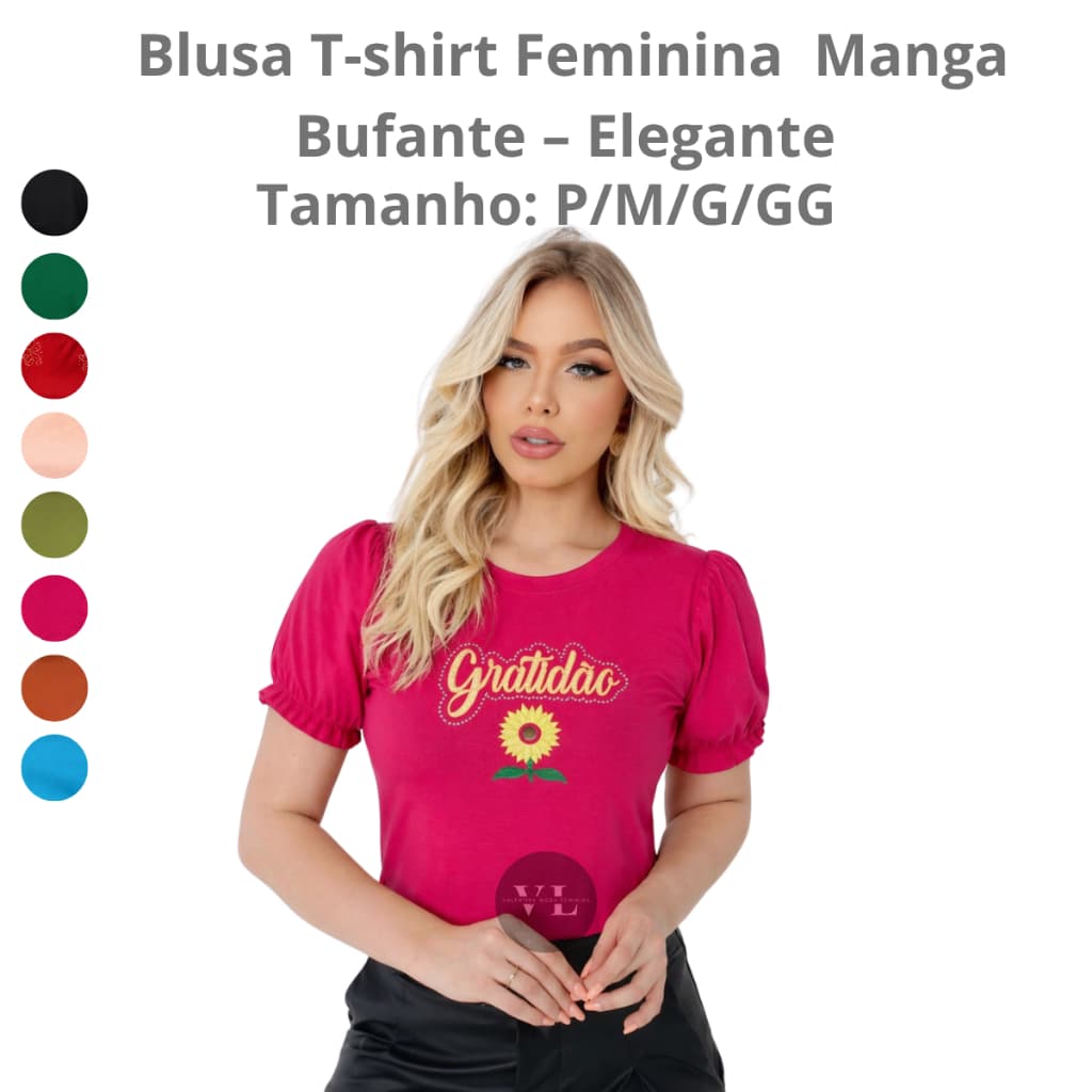 Blusa T-Shirt Feminina Manga Bufante Confortável Com Detalhe Em Girassol