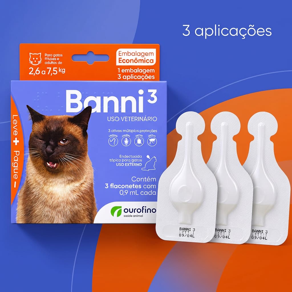 Remédio para Sarna Vermes e Pulgas de Gatos Banni3 2,6 a 7,5kg