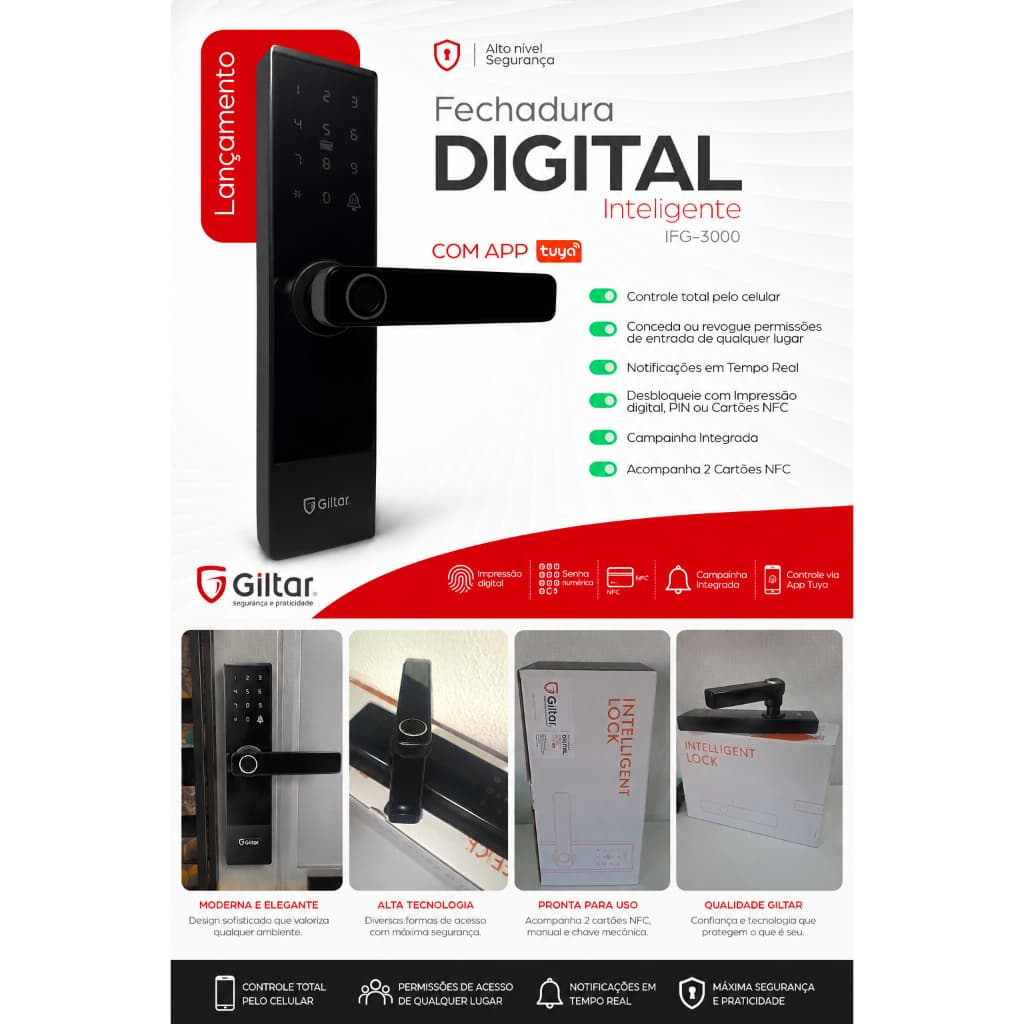 Fechadura Digital Inteligente Giltar IFG-3000 WiFi Tuya Biometria Senha NFC App Campainha